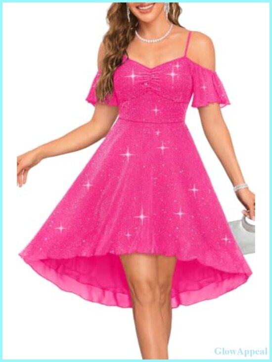 Dresses & Skirts - High Low Prom Dress with Soft Glitter Fabric, Cold Shoulder, Sweetheart Neck,